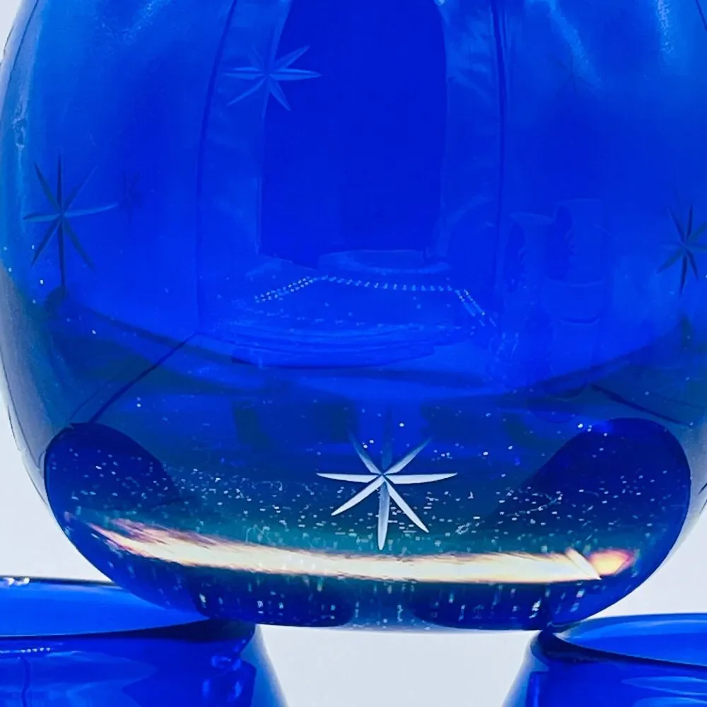 Cobalt Blue Starburst Etched Stars Glittery Glass Votive Candle Holder Poland